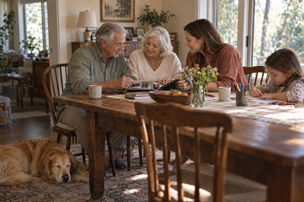 A multigenerational family sharing a conversation around a dining table.