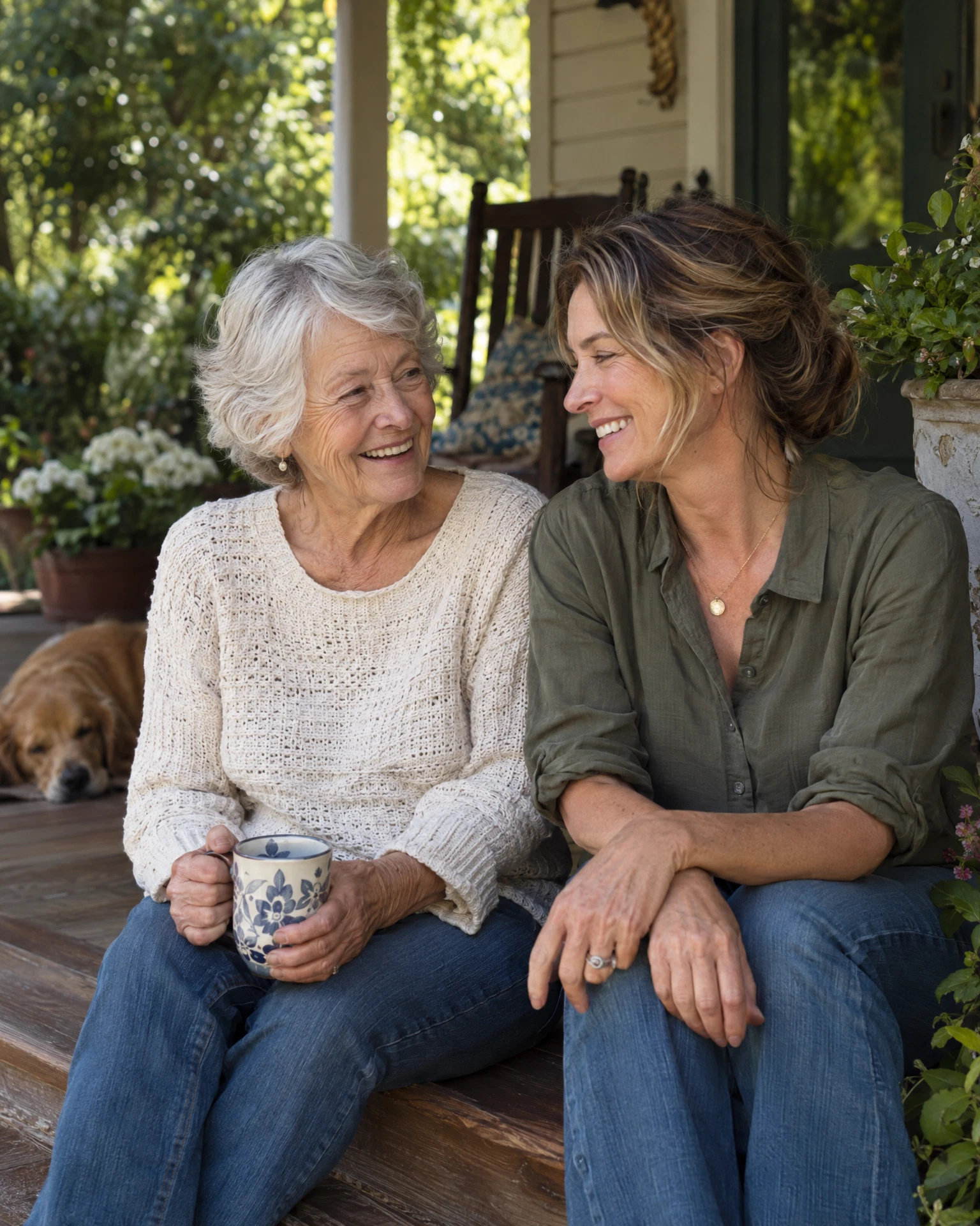 A mother and adult daughter having a relaxed conversation on their porch.