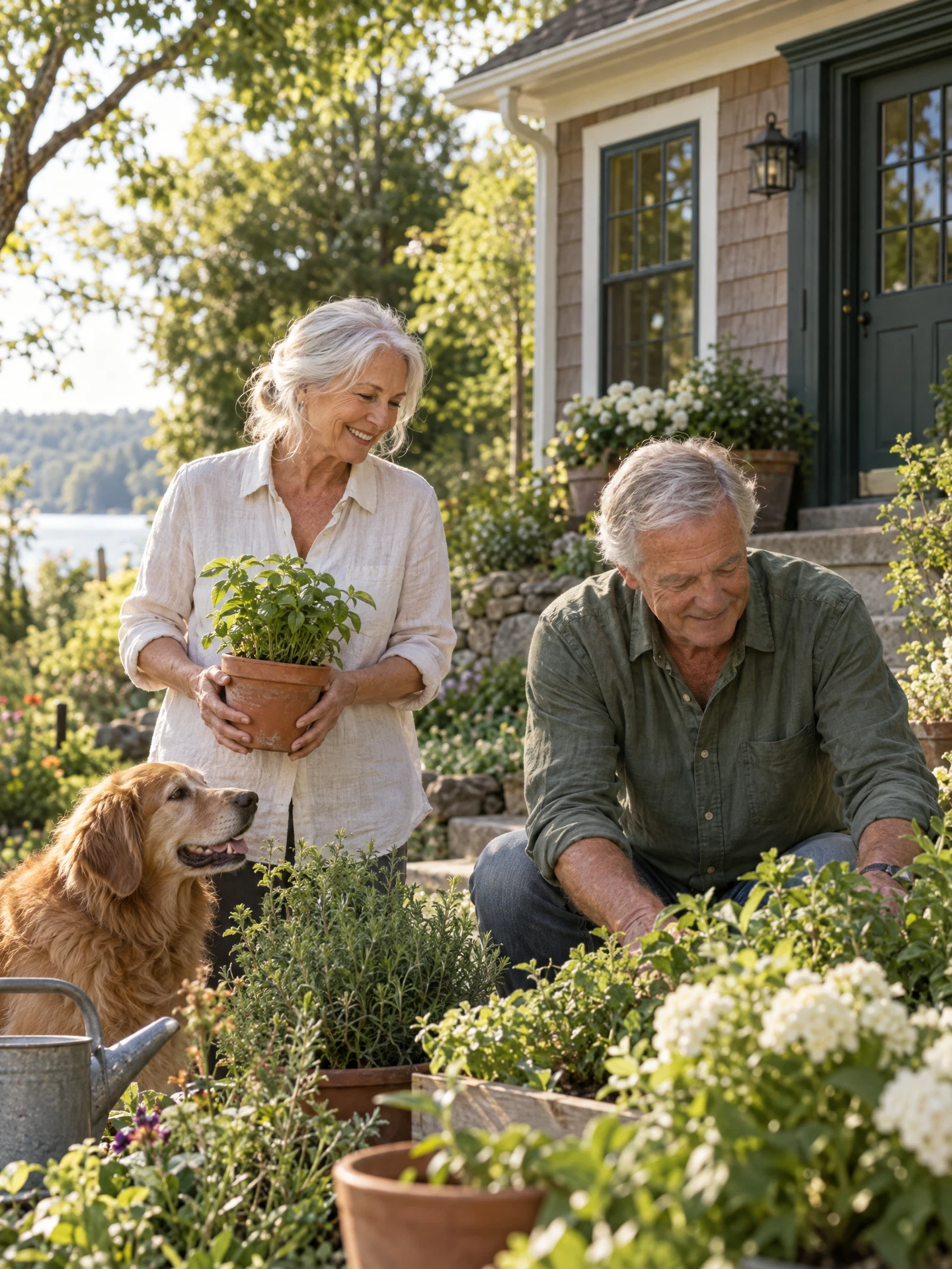 An independent older couple caring for their garden outside their home.