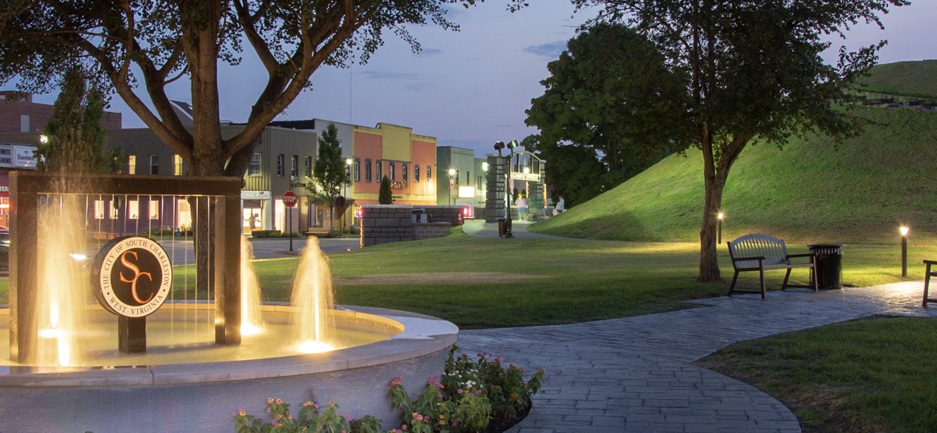 An evening view of a public park in South Charleston, West Virginia.